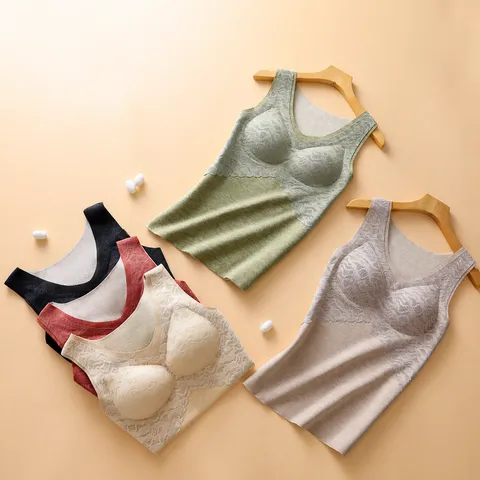 Women Thermal Vest With Chest Pad Lace V-Neck Sleeveless Polyester De Velvet Innerwear Warm Camisole For Winter Home Daily