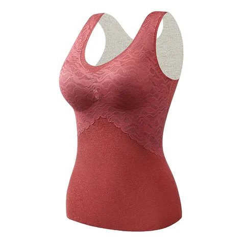 Women Thermal Vest With Chest Pad Lace V-Neck Sleeveless Polyester De Velvet Innerwear Warm Camisole For Winter Home Daily
