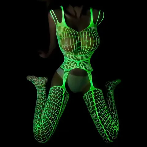 Body de Malla Verde Fluorescente Luminoso para Mujer Lencería Sexy Calada Ropa de Fiesta de Discoteca Mono de Malla Fluorescente