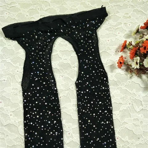 Sexy Women Rhinestone Open Crotch Fishnet Pantyhose Hollow Out Mesh Tights Nightclub Clubwear Sparkly Hosiery For Women