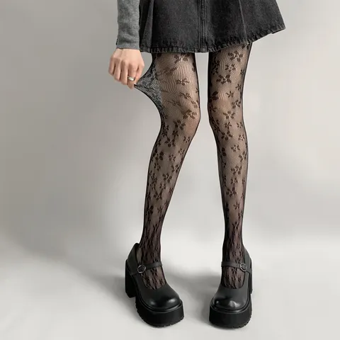 Damen Blumen Netzstrumpfhose Süß Lolita Hohl Spitze Maschen Strumpfhose Vintage Gemustert Atmungsaktiv Accessoire