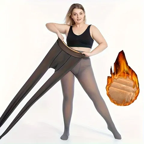 Plus Size Fleece Lined Leggings Women Fake Translucent Thick Thermal Tights High Waist Stretch Hosiery Fleece Warm Pants Winter
