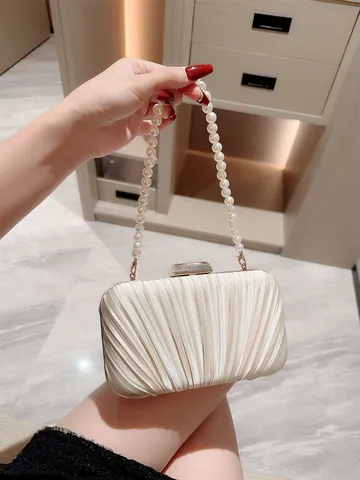 Γυναικεία Βραδινή Τσάντα Πλισέ Σατέν Clutch Τσάντα Χειρός Με Αλυσίδα Τεχνητών Μαργαριταριών Κομψή για Συμπόσιο Γάμο
