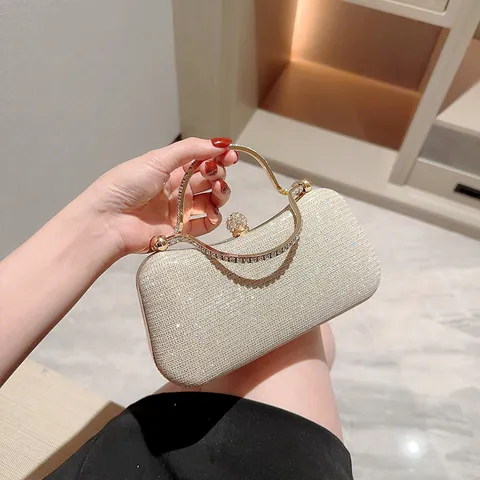 Κομψή Τσάντα Σαλονιού από Ύφασμα με Χρυσόσκονη Με Στρογγυλή Λαβή Στρας Λαμπερό Μεταλλικό Τσαντάκι Clutch για Γυναίκες Συμπόσιο Γάμος Πάρτι