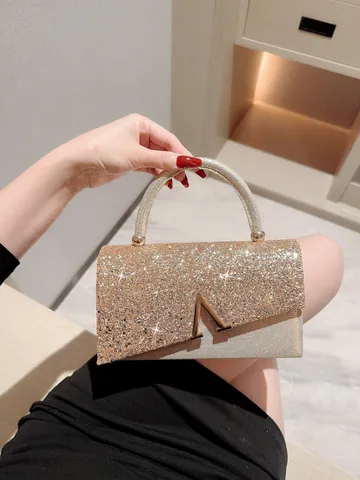 Women Fashion Evening Bag Shiny Handbag Sparkling Sequins Top Handle Clutch For Banquet Wedding Party Dress Matching Purse