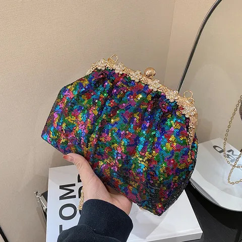 Elegant Fabric Sequin Pleated Evening Clutch Bag For Women Rhinestone Clasp Decor Shell Shaped Chain Crossbody Dress Purse