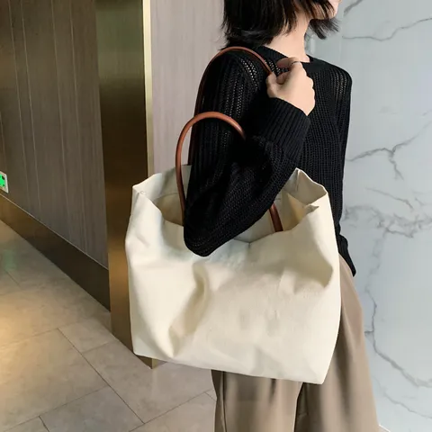 Sac Cabas en Toile Minimaliste Grande Capacité de Style Coréen Sac à Épaule Littéraire Sac à Provision Écologique pour Femmes