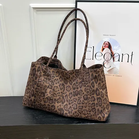 Women Fashion Leopard Tote Bag Large Capacity Velvet Shoulder Bag Casual Soft Slouchy Commuter Handbag Hobo Top Handle Bag