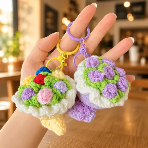 Sweet Hand Crochet Flower Bouquet Keychain Handmade Yarn Rose Cake Bag Pendant Hanging Ornament Teachers Day Cute Gift
