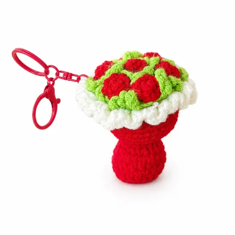 Sweet Hand Crochet Flower Bouquet Keychain Handmade Yarn Rose Cake Bag Pendant Hanging Ornament Teachers Day Cute Gift