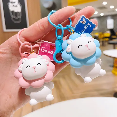 Cute Resin Sunflower Little Sheep Keychain Cartoon Lamb 3D Figurine Bag Charm Car Key Ring Decorative Pendant For Kids Gifts