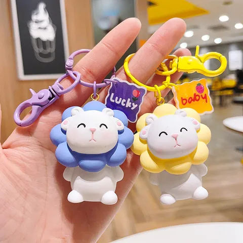 Cute Resin Sunflower Little Sheep Keychain Cartoon Lamb 3D Figurine Bag Charm Car Key Ring Decorative Pendant For Kids Gifts
