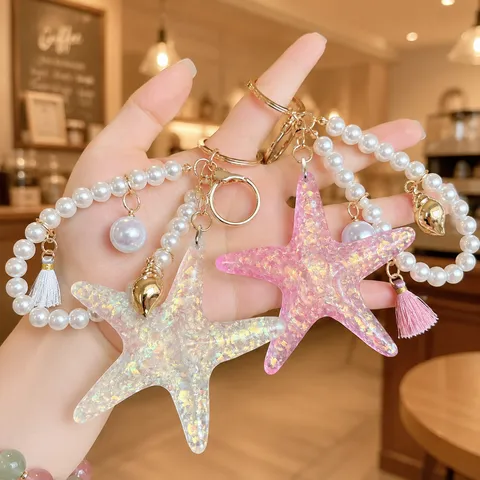 Summer Ocean Style Resin Starfish Artificial Pearl Bead Strand Tassel Keychain Sweet Glitter Starfish Shell Car Bag Charm Key Ring Gift For Women