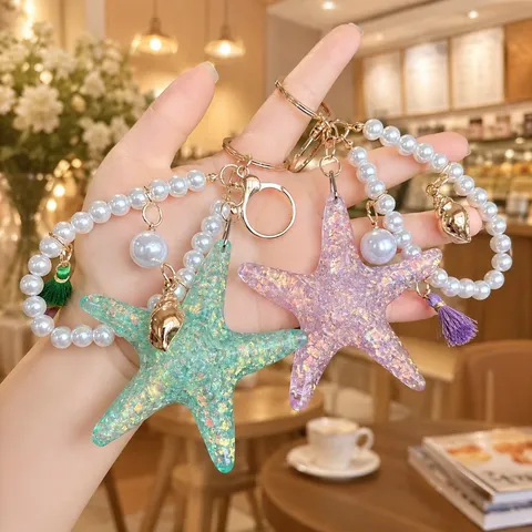 Summer Ocean Style Resin Starfish Artificial Pearl Bead Strand Tassel Keychain Sweet Glitter Starfish Shell Car Bag Charm Key Ring Gift For Women