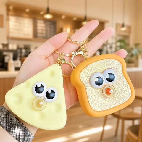 Cute Silicone Dessert Squishy Keychain Funny Big Eyes Bubble Blowing Stress Relief Toy School Bag Pendant Charm For Kids Gift