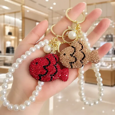 Cute Alloy Rhinestone Fish Keychain With Artificial Pearl Bead Chain Korean Style Sparkling Car Key Ring Bag Pendant Decoration Charms Gift For Women