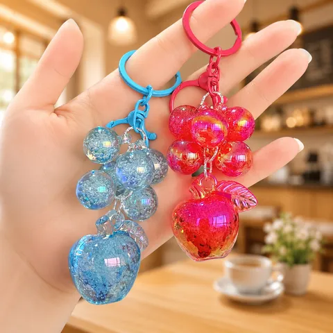 Cute Acrylic Crystal Bubble Beaded Grape Apple Keychain Clear Fruit Pendant Bag Hanging Charm Fashion Car Key Ring Gift for Women