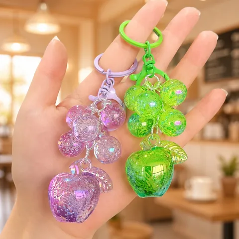 Cute Acrylic Crystal Bubble Beaded Grape Apple Keychain Clear Fruit Pendant Bag Hanging Charm Fashion Car Key Ring Gift for Women