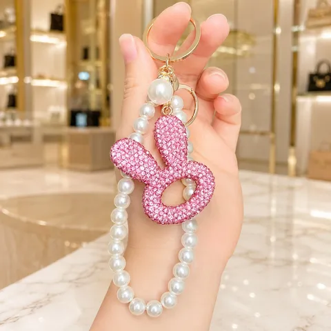 Fashion Alloy Rhinestone Hollow Rabbit Head Keychain With Artificial Pearl Chain Cute Shiny Car Bag Pendant Charm Gift For Women