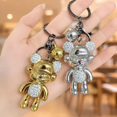 Electroplated Gradient Resin Bear Keychain Shiny Rhinestone Cartoon Figure Pendant Car Key Ring Bag Accessory For Friends Gift