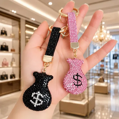 Porte Cles Sac D Argent Entierement Pave De Strass De Luxe Signe Dollar Scintillant Bijou De Sac Anneau Porte Cle En Metal Pour Voiture Accessoires Femme Cadeau