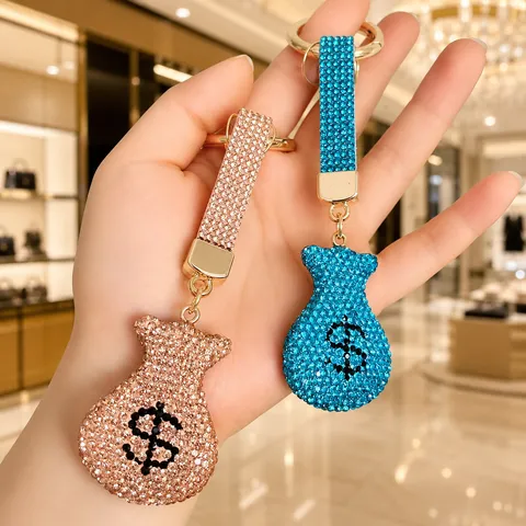Porte Cles Sac D Argent Entierement Pave De Strass De Luxe Signe Dollar Scintillant Bijou De Sac Anneau Porte Cle En Metal Pour Voiture Accessoires Femme Cadeau