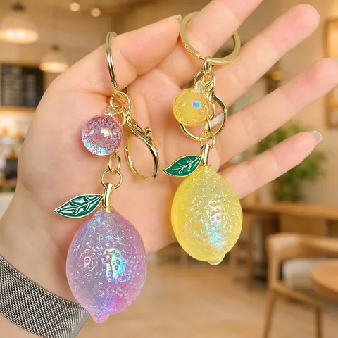 Creative Cute Acrylic Jelly Lemon Keychain Glitter Cat Eye Fruit Bag Pendant Car Key Ring Ornament Charm With Green Leaf Deco Gift