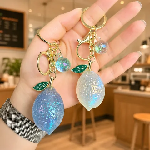 Creative Cute Acrylic Jelly Lemon Keychain Glitter Cat Eye Fruit Bag Pendant Car Key Ring Ornament Charm With Green Leaf Deco Gift