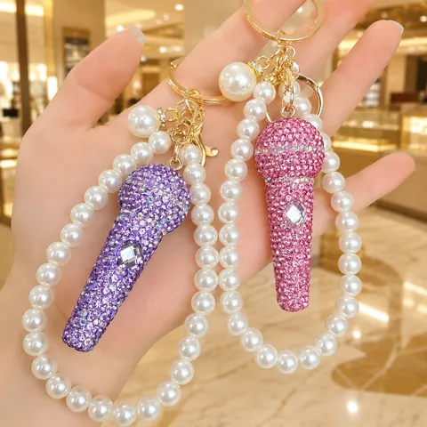 Luxus Strass Mikrofon Schlüsselanhänger Mit Künstliche Perle Perlenkette Funkelnd Mikrofon Geformt Tasche Charme Geschenk Zubehör