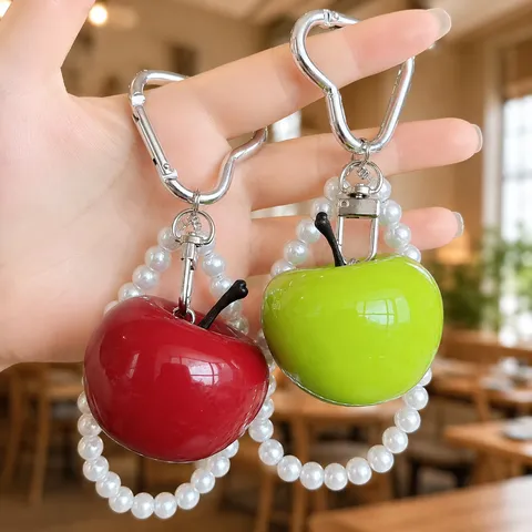 Cute Resin Apple Fruit Keychain Artificial Pearl Bead Bracelet Bag Charm Heart Clasp Car Keyring Ornament For Women Girl Gift