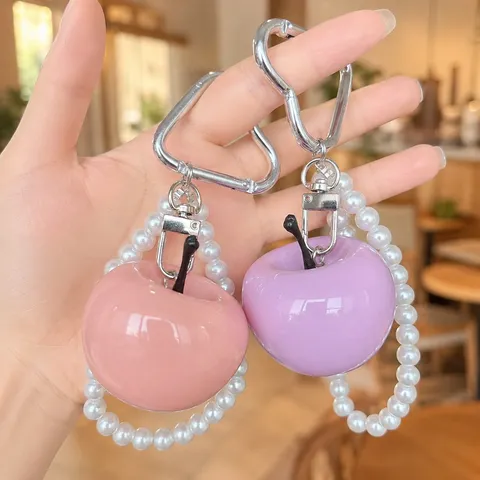Cute Resin Apple Fruit Keychain Artificial Pearl Bead Bracelet Bag Charm Heart Clasp Car Keyring Ornament For Women Girl Gift