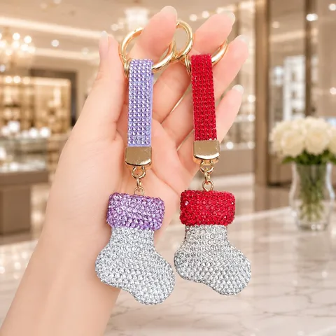 Rhinestone Christmas Stocking Keychain Glitter Alloy Tree Hat Bag Pendant Holiday Charm For Car Keys Bag Decoration Gift