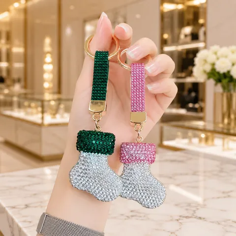Rhinestone Christmas Stocking Keychain Glitter Alloy Tree Hat Bag Pendant Holiday Charm For Car Keys Bag Decoration Gift