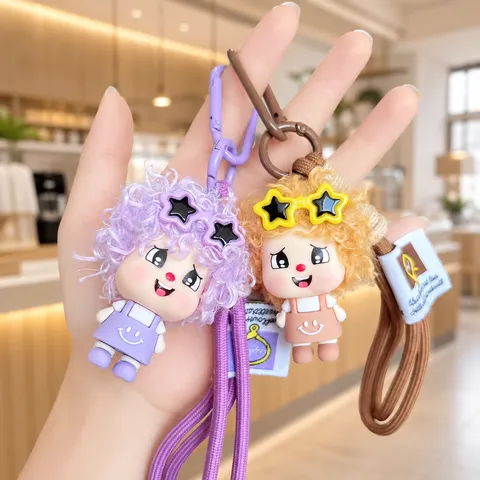 Cute Trendy Cool Curly Hair Boy Doll Keychain Star Sunglasses Figure Pendant Bag Charm Car Key Ring Individual Package PVC Ornament Gift