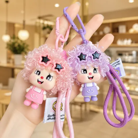 Cute Trendy Cool Curly Hair Boy Doll Keychain Star Sunglasses Figure Pendant Bag Charm Car Key Ring Individual Package PVC Ornament Gift