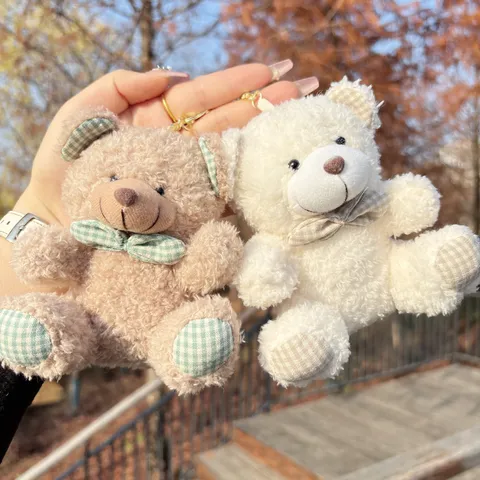 Cute Plaid Bowknot Teddy Bear Plush Keychain Pendant Soft Stuffed Bear Toy Charm Bag Hanging Ornament For Backpack