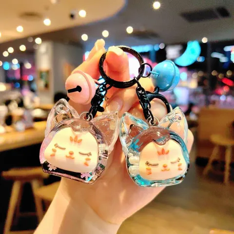 Cute Cartoon Cat Acrylic Liquid Quicksand Keychain Clear Capsule Oil Bottle Pendant Colorful Bell Bag Hanging Ornament Gift