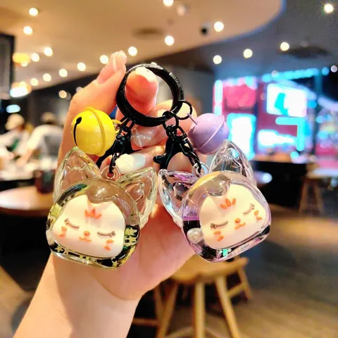 Cute Cartoon Cat Acrylic Liquid Quicksand Keychain Clear Capsule Oil Bottle Pendant Colorful Bell Bag Hanging Ornament Gift