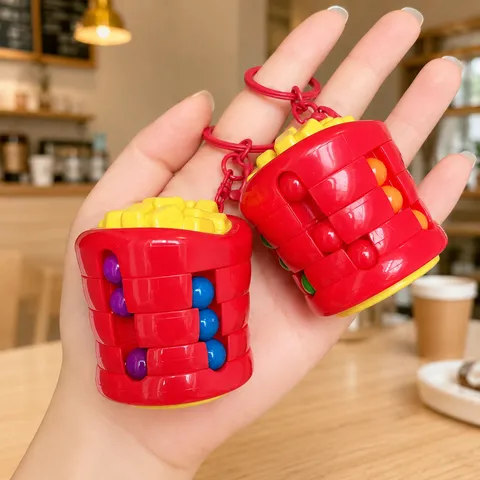 Creative Rubiks Cube Hamburger French Fries Magic Bean Stress Relief Fidget Toy Fingertip Gyro Keychain Backpack Pendant Rolling Beads Keyring Gag Toy