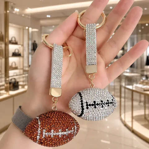 Luxury Rhinestone Rugby Keychain Clay Full Pave Crystal Football Bag Charm Fashion Sports Car Key Ring Pendant For Women Men Gift
