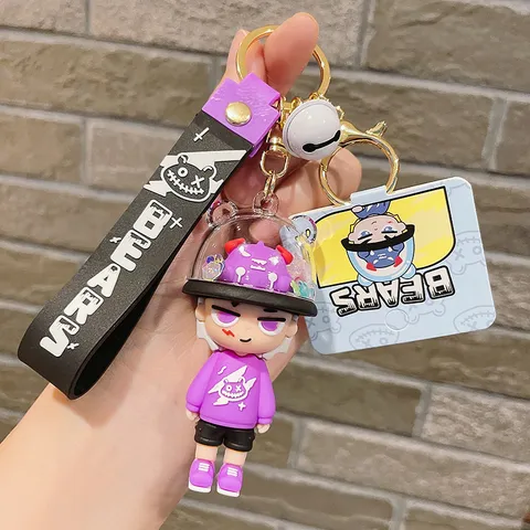 Trendy Quirky Monster PVC Figurine Keychain With Liquid Quicksand Helmet Letters Printed Webbing Lanyard Bell Creative Cartoon Toy Car Backpack Pendant Charm Ornament For Teens