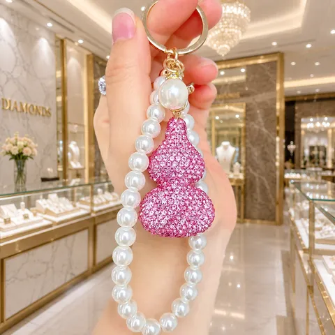 Luxury Alloy Gourd Keychain Rhinestone Artificial Pearl Beaded Car Key Chain For Phone Purse Bag Charm Charm Pendant Gift