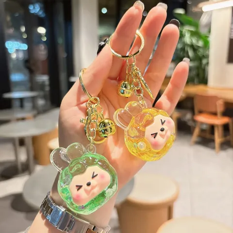 Cute Cartoon Acrylic Liquid Quicksand Keychain Glitter Oil Infused Car Keyring Bag Pendant Charm Ornament For Women Men Gift