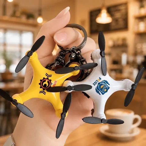 Creative Mini Drone Keychain Plastic Metal Miniature Quadcopter Aircraft Model Car Keyring Bag Pendant Ornament Decorative Charm Gift For Kids