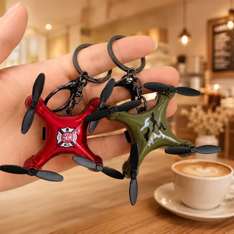 Creative Mini Drone Keychain Plastic Metal Miniature Quadcopter Aircraft Model Car Keyring Bag Pendant Ornament Decorative Charm Gift For Kids