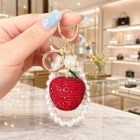 Luxury Rhinestone 3D Apple Keychain With Artificial Pearl Hand Chain Fashion Paved Fruit Bag Charm Pendant For Women Phone Accessory