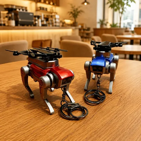 Portachiavi Creativo Cane Robot Meccanico Ciondolo per Zaino con Elica di Drone Pieghevole Ciondolo da Appendere per Auto Stile Cyberpunk