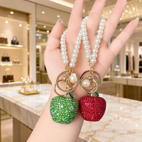Luxury Rhinestone 3D Apple Keychain With Artificial Pearl Hand Chain Fashion Paved Fruit Bag Charm Pendant For Women Phone Accessory