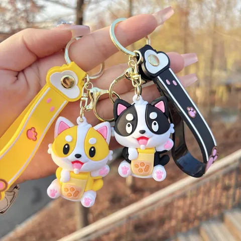Cute Corgi Dog Milk Tea Cup Keychain PVC Cartoon Animal Bag Pendant Car Key Ring Kawaii Couple Gift