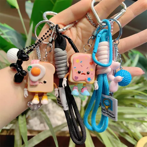 Cute Resin Cartoon Toast Bread Keychain With Braided Lanyard Balloon Dog Golf Club Pendant Backpack Ornament Key Ring Charm